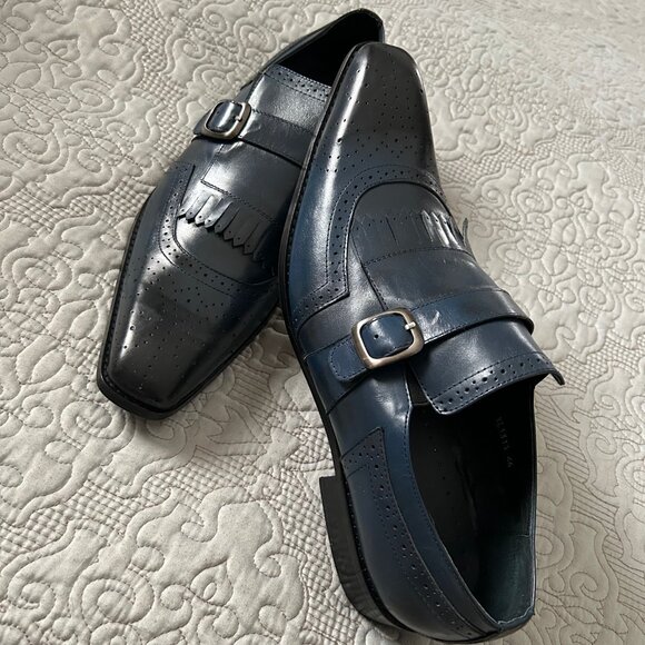 Men's Clevis Monk Blue Shoes / Black Polished Square Toe / EU Size 46 / US 12 - Picture 1 of 10